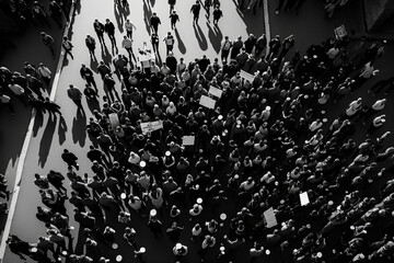 Protesting crowd at city street. Protesting people marching at city, aerial view. Social problems in society, struggle for rights. Protest activists. Crowd with raising fists and banners. Created with - obrazy, fototapety, plakaty