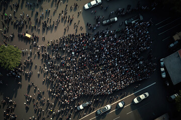 Protesting crowd at city street. Protesting people marching at city, aerial view. Social problems in society, struggle for rights. Protest activists. Crowd with raising fists and banners. Created with
