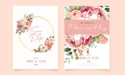 Wedding invitation card template set with flower bouquet. Peach roses with fluid background. Floral illustration for save the date, greeting, poster, cover vector