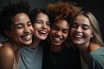 Obraz premium Multiracial women standing together and smiling at camera. Portrait of interracial female models. Diversity concept. Created with Generative AI