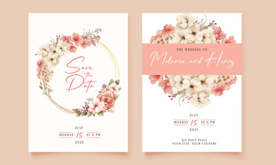 Wedding invitation card template set with flower bouquet. Peach roses with fluid background. Floral illustration for save the date, greeting, poster, cover vector