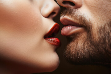 The power of a kiss, sexy beautiful red lips woman kissing seductive beard man, erotic, glamour, sensual closeup couple kiss AI Generative  - obrazy, fototapety, plakaty