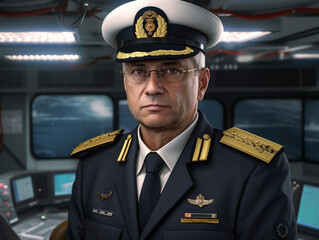 portrait of a male sailor in the wheelhouse, created with Generative AI Technology