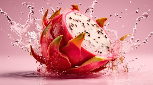 Eine frische halbierte Drachenfrucht mit Wasserspritzer auf rosa Hintergrund, Generative AI