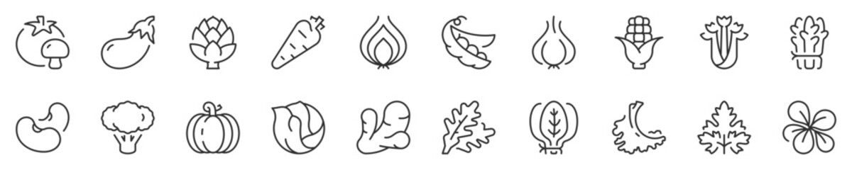 Vegetables thin line icon set 1 of 2. Symbol collection in transparent background. Editable vector stroke. 512x512 Pixel Perfect.