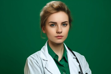 young female doctor in white coat on green background isolated, created with Generative AI Technology
