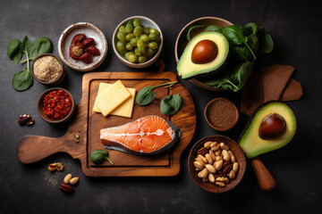 Fototapeta na wymiar keto foods, avocado, fish and cheese on wooden desk, above view, created with Generative AI Technology