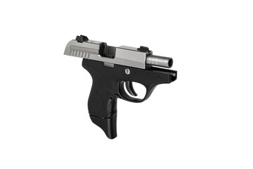 Modern silver semi-automatic pistol. A short-barreled weapon for self-defense. A small weapon for concealed carry. Isolate on a white back.