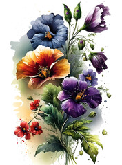 Fototapeta na wymiar A bouquet of flowers, design for cover, booklet, greeting. Background with watercolor flowers, Generative AI. 