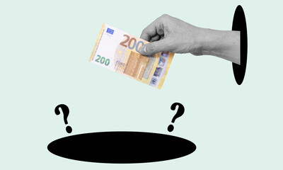 Art collage, hands with money, hands reaching for money.