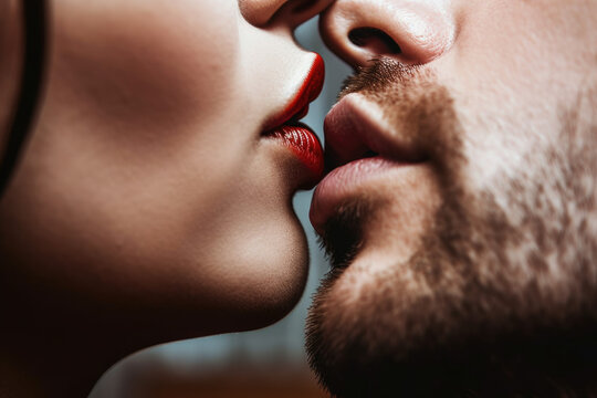 The power of a kiss, sexy beautiful red lips woman kissing seductive beard man, erotic, glamour, sensual closeup couple kiss AI Generative 