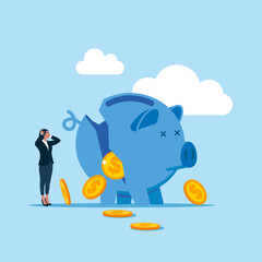 Bankruptcy. Woman look at collapsing piggy bank with money. Modern vector illustration in flat style