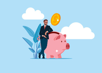 Businessman standing with crossed legs and leaning on pink piggy bank. Modern vector illustration in flat style