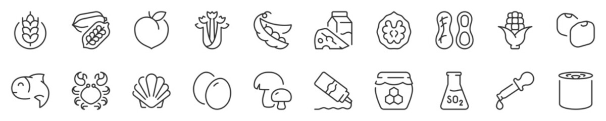 Food allergens, including the 14 allergies outlined by the EU European Food Safety Authority which encompass the big 8 FDA Major Allergens. Thin line icon set. Collection in transparent background.
