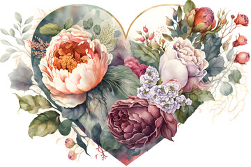 Peonies and roses made as flower heart on white background, watercolor illustration, postcard, Generative AI