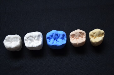Color plaster mandibular premolars and molars on black background