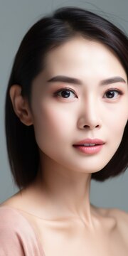 Beautiful young Asian woman with clean fresh skin isolated on white background, Face care, Facial treatment, Cosmetology, beauty and spa, Asian women portrait