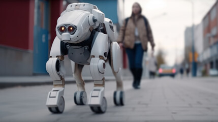Obraz premium white dog robot walking city generative ai