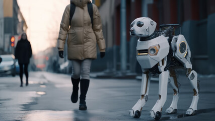 Obraz premium white dog robot walking city generative ai