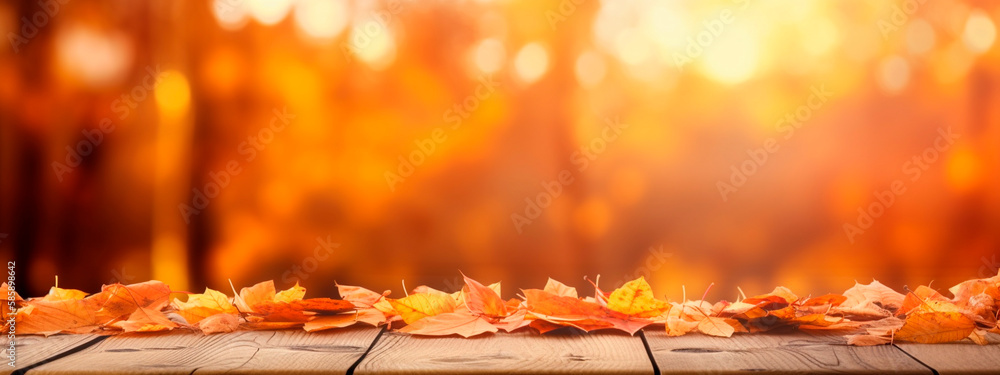 Wall mural wooden table on the background of the autumn park. generative ai,