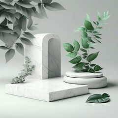 Green leaves and stone slabs product display, white podium and platforms - 1.
Created using generative AI.