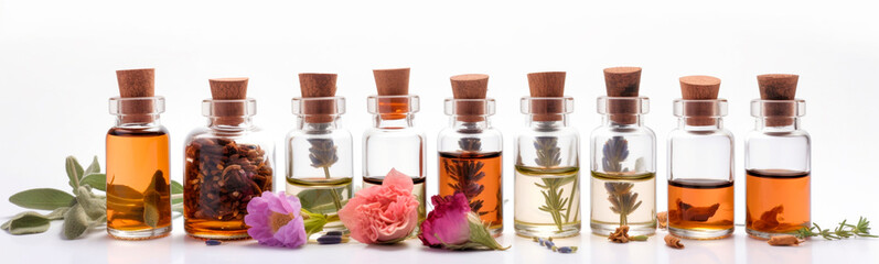 Obraz na płótnie Canvas Bottles of essential oil with rosemary, thyme, cinnamon sticks, cardamom, mint, lavender, rose petals and buds on a white background. Generative Ai,