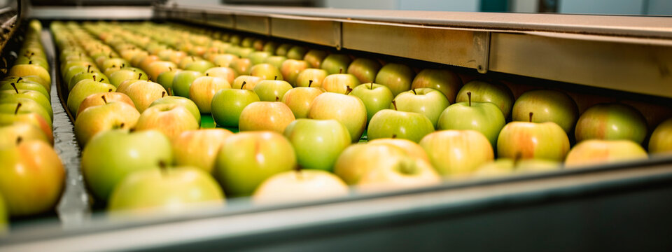 Apples in a food factory, clean and fresh, ready for automatic packaging. Generative AI,