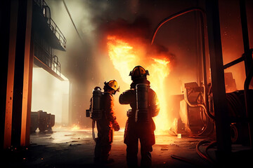 Naklejka premium Firefighters in action. Fireman dangerous work in fire and flames. Generative Ai