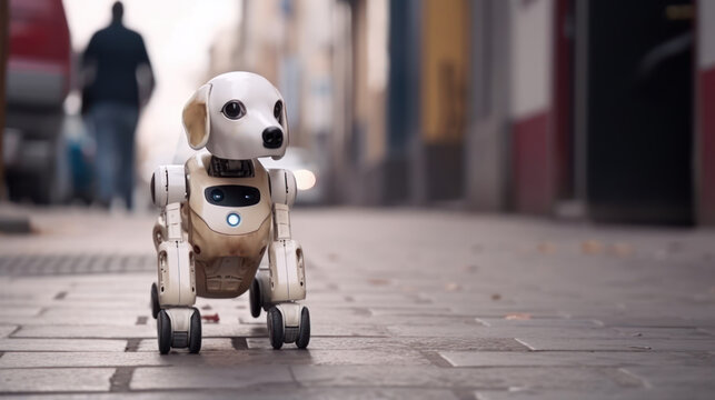 small robot dog walks along the city street generative ai © Poter