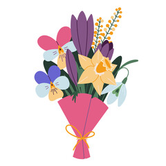 Bright bouquet of spring flowers, cartoon style. Trendy modern vector illustration isolated on white background, hand drawn, flat
