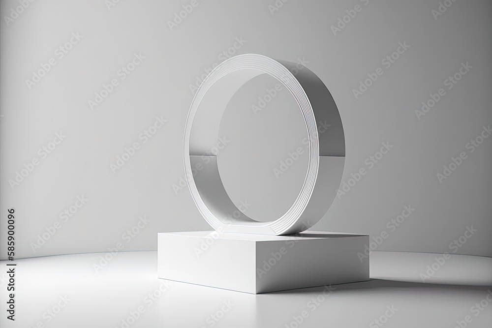 Poster display of empty pedestal or platform on white backdrop surrounded by a circle of success. generativ