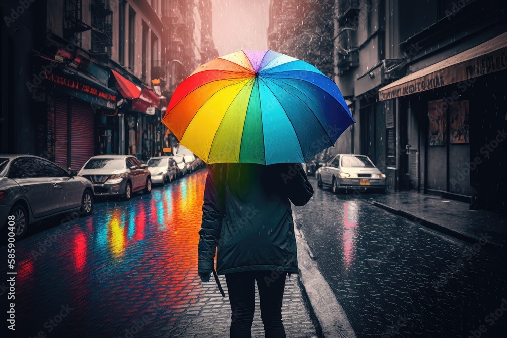 Canvas Prints person, shielding themselves from the rain with rainbow umbrella, while walking down busy street, created with generative ai