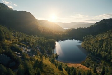 Drone view of a scenic beautiful alpine Landscape with mountains, forrest and a lake. Sunset in the distance. Generative AI
