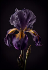 Iris flowers on dark background close up view. Generative Ai