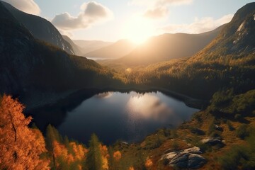 Drone view of a scenic beautiful scandinavian  Landscape with mountains, forrest and a lake. Sunset in the distance. Generative AI