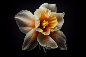 Fototapeta na wymiar Daffodil or Narcissus spring flower on dark background, close up view. Generative AI