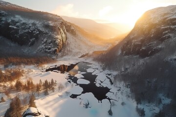 Drone view of a scenic Norway winter Landscape with a frozen lake and sunset in the distance. Generative AI