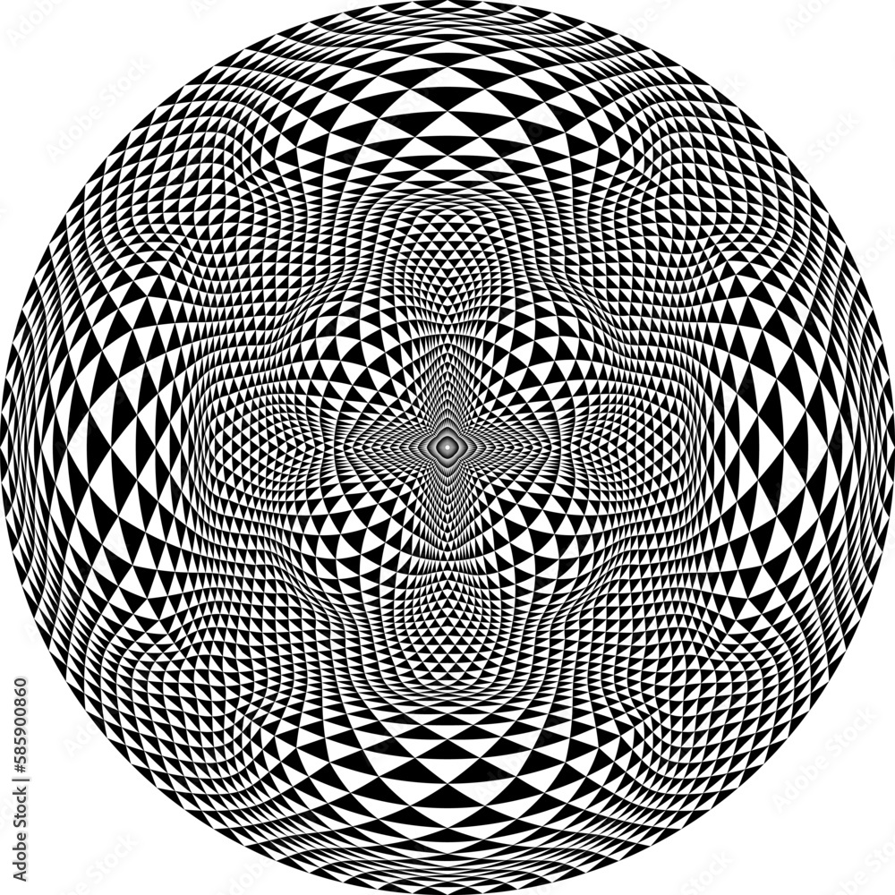 Poster optical art circular pattern of distorted black triangles. psychedelic round background design.