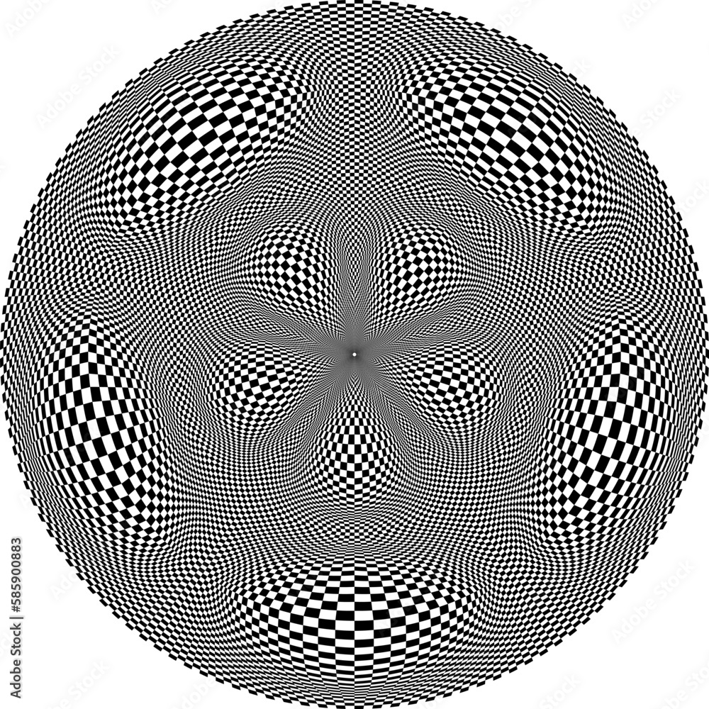 Poster optical art circle of distorted checkered pattern with bubbles. psychedelic round background design.