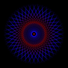 Glowing guilloche round gradient pattern of many winding lines. Red and blue wheel on black.
