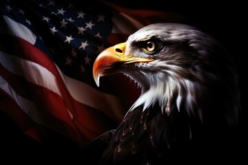 An eagle symbolizing strength and freedom with a american Flag on black background. 4th of July Memorial or Independence day background. Generative AI