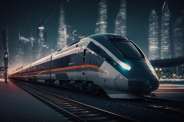 Fototapeta premium High speed train at station and cityscape at night on background. Generative AI