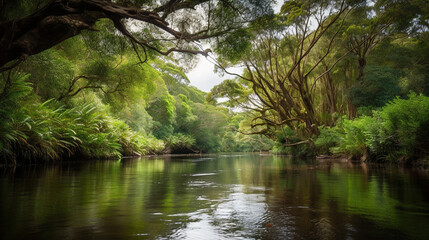 Fototapeta na wymiar A peaceful river with gentle currents and lush veget Generative AI