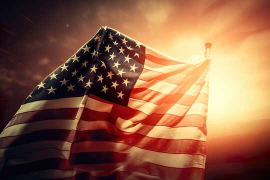American Flag waving in front of a epic sunset. 4th of July Memorial or Independence day background. Generative AI