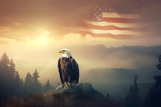 An eagle symbolizing strength and freedom with a american Flag fading in the sky. 4th of July Memorial or Independence day background. Generative AI
