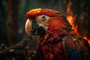 Fototapeta premium A red macaw with a burning background
