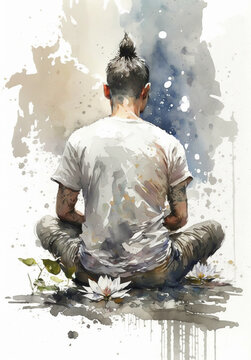 Man meditating in sitting pose illustration from behind with lotus flower esoteric yogi practice watercolor digital art generative ai