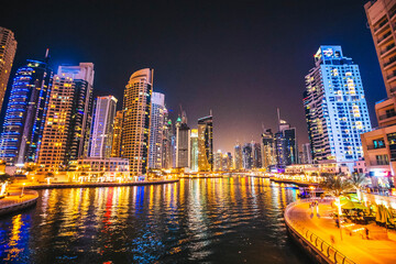 Fototapeta na wymiar Dubai Marina Cityscape Night Panoramic View, United Arab Emirates