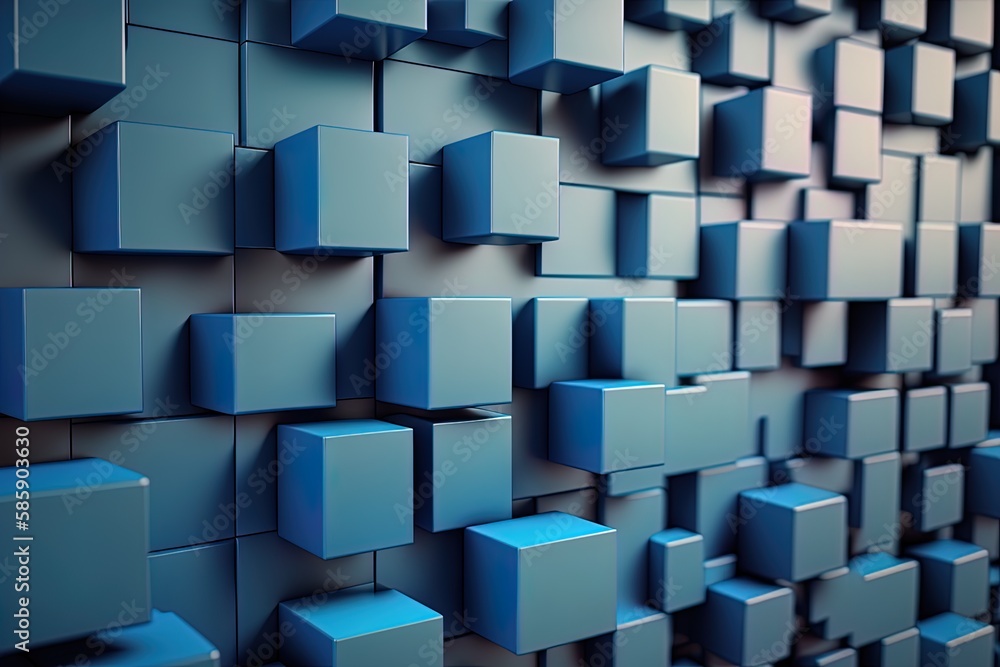 Poster blue, modern tech wallpaper arranged in a grid that spans many cube sizes. generative ai