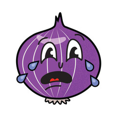 Hand drawn cute crying purple onion in old fashioned cartoon style with black contour. Isolated vector illustration